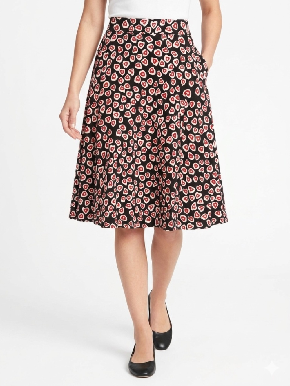 J.Crew A-Line Skirt Size 8 Navy Red White Heart Print Flared Mid-Length